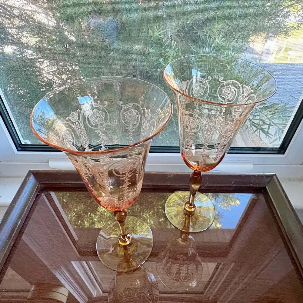 Set of 2 1940s Vintage Etched Amber Stem Wine Goblets Art Deco Glass UV Red Glow